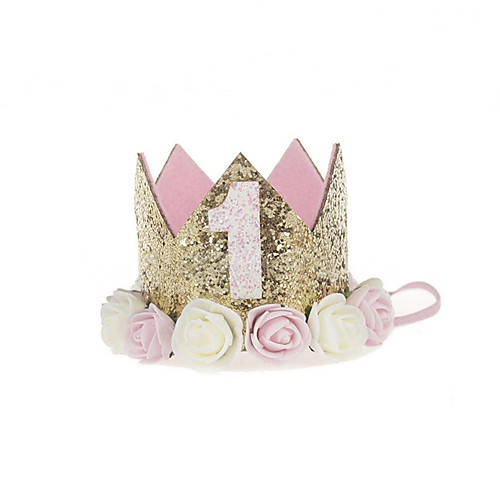 

baby princess first birthday hat tiara crown sparkle gold flower style with artificial rose flower
