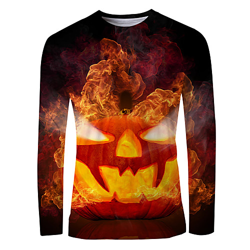 

Men's T shirt 3D Print Graphic Flame Long Sleeve Halloween Tops Basic Orange