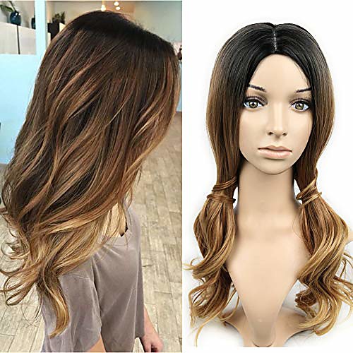 

3 tone ombre wig black to brown blonde middle part high density heat resistant synthetic hair weave full wigs for women (black&brown&blonde)