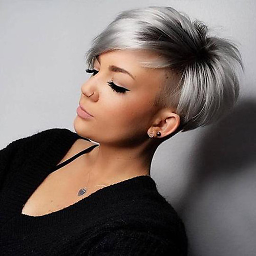 

Synthetic Wig Straight Pixie Cut With Bangs Wig Short White Synthetic Hair 6 inch Women's Natural Hairline Exquisite Coloring Silver Dark Gray