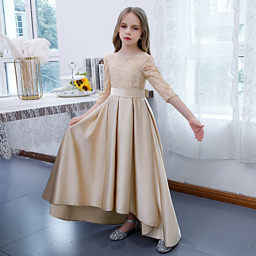 

A-Line Jewel Neck Floor Length Lace / Satin Junior Bridesmaid Dress with Sash / Ribbon / Pleats