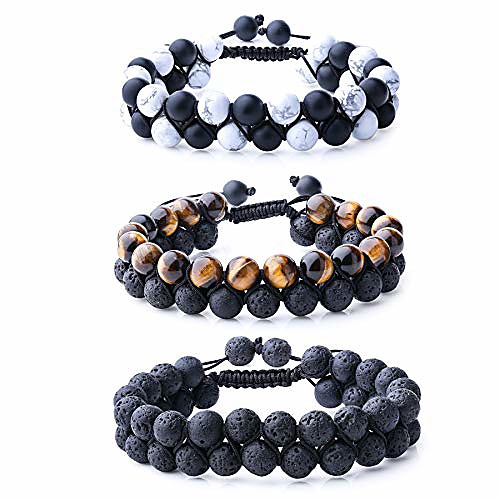 

natural stone bracelet mens black lava rock bracelet tiger eye gemstone bracelet yoga essential oil bracelet charm gift (3 pcs a set)