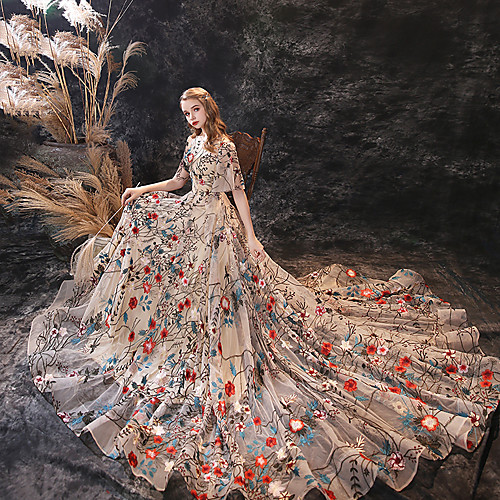 

A-Line Floral Boho Prom Formal Evening Dress Jewel Neck Half Sleeve Court Train Lace Sequined with Embroidery 2021