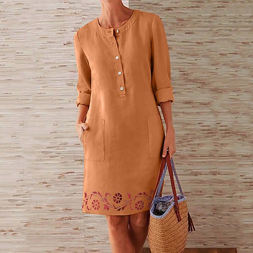 

Women's Shift Dress Knee Length Dress Blue Orange Khaki Green Long Sleeve Print Print Fall Round Neck Hot Casual Cotton 2021 S M L XL XXL