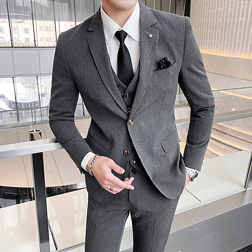 

Black / Light Grey / Navy Blue Solid Colored Slim Fit Polyester Suit - Peak Single Breasted One-button