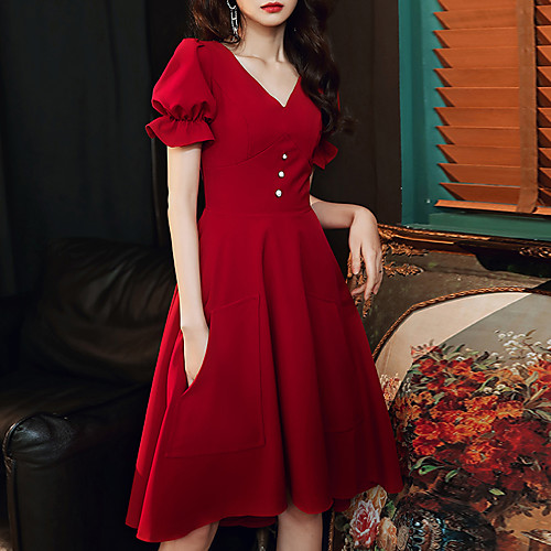 

A-Line Empire Minimalist Homecoming Cocktail Party Dress V Neck Short Sleeve Knee Length Spandex with Buttons Ruffles 2021