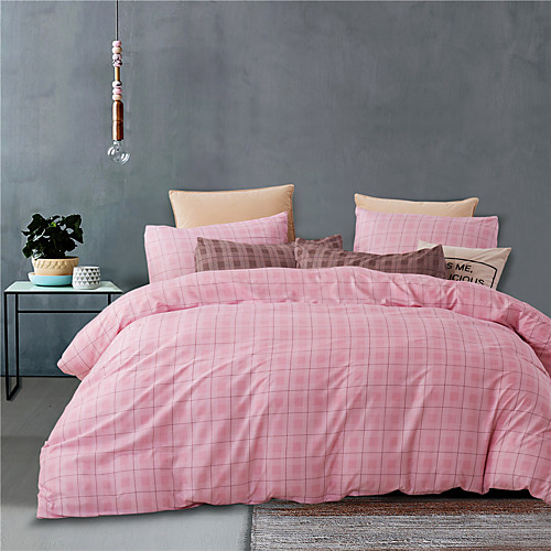 

Pink Grid Strip Print 3-Piece Duvet Cover Set Hotel Bedding Sets Comforter Cover with Soft Lightweight Microfiber(Include 1 Duvet Cover and 1or 2 Pillowcases)