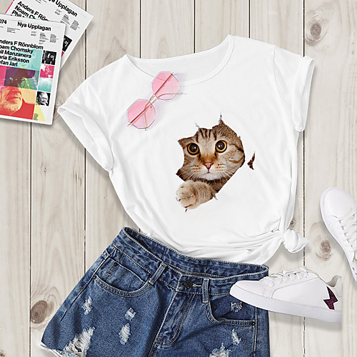 

Women's Going out T-shirt Cat Print Round Neck Tops Basic Basic Top White