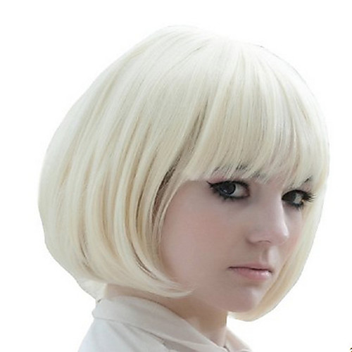 

Synthetic Wig kinky Straight Bob Neat Bang Wig Short Light Blonde Synthetic Hair Women's Fashionable Design Adorable Middle Part Bob Blonde