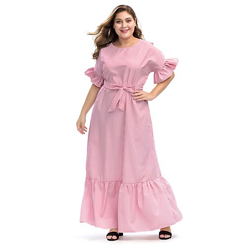 

Women's A Line Dress Maxi long Dress Blushing Pink Half Sleeve Striped Patchwork Print Summer Round Neck Work 2021 3XL 4XL 5XL 6XL / Plus Size