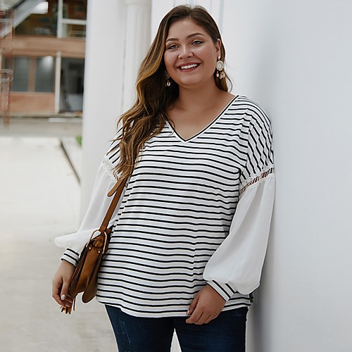 

Women's Plus Size Blouse Shirt Striped Long Sleeve Cut Out Patchwork V Neck Tops Lantern Sleeve Loose Basic Basic Top White