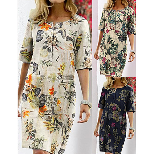 

Women's Shift Dress Knee Length Dress - Half Sleeve Floral Print Summer Fall Plus Size Vintage 2020 Fuchsia Orange Dusty Blue S M L XL XXL XXXL XXXXL