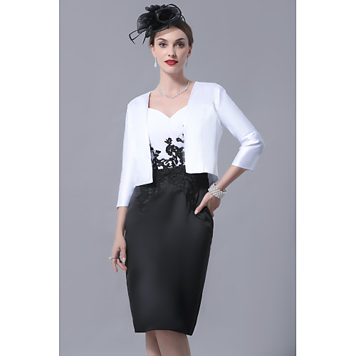 

Two Piece Sheath / Column Mother of the Bride Dress Elegant Scoop Neck Knee Length Stretch Satin 3/4 Length Sleeve with Appliques Color Block 2021