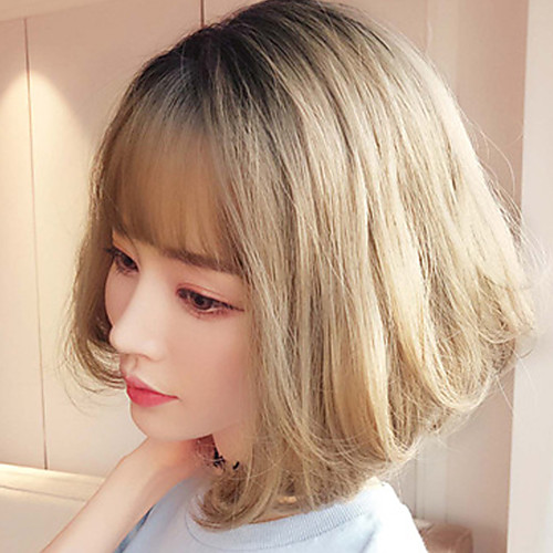 

Synthetic Wig kinky Straight Bob With Bangs Wig Short Brown Grey Black / Brown Chocolate Synthetic Hair 10 inch Women's Classic Exquisite Fluffy Brown