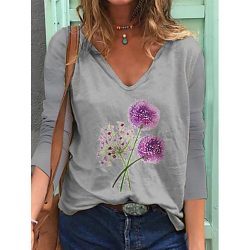 

Women's T-shirt Floral Flower Long Sleeve Print V Neck Tops Cotton Basic Basic Top White Blue Yellow