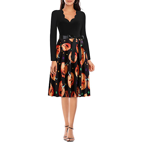 

Women's A Line Dress Knee Length Dress Red Orange Gold Long Sleeve Print Lace up Patchwork Print Fall Summer V Neck Elegant Casual Halloween 2021 S M L XL XXL 3XL