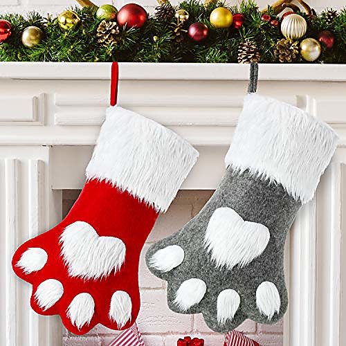 

2 pieces christmas pet stocking dog stocking personalized pet stocking for christmas fireplace tree decorations & #40;gray red dog paw& #41;