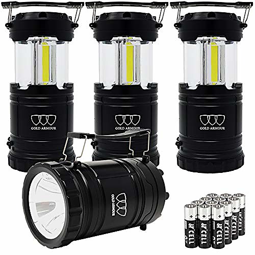 

4 pack portable led camping lantern flashlight with magnetic base - emits 500 lumens - survival kit for emergency, hurricane, power outage with 12 aa batteries (black)