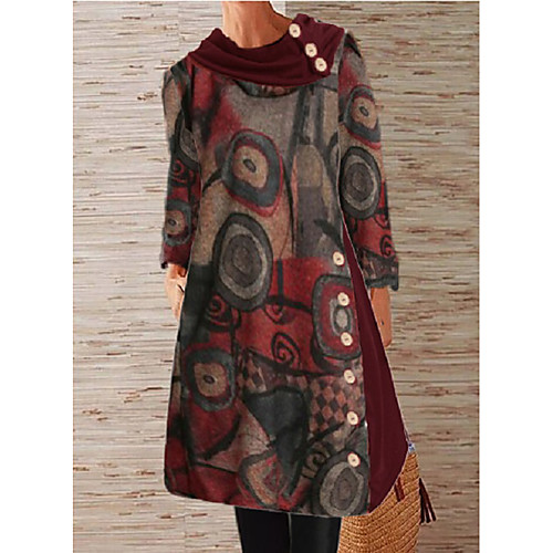 

Women's Shift Dress Knee Length Dress Red Long Sleeve Print Button Print Fall Spring Round Neck Hot Casual 2021 M L XL XXL 3XL