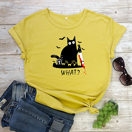 

Women's T-shirt Cat Letter Print Round Neck Tops 100% Cotton Basic Basic Top White Yellow Wine