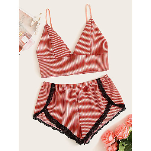 

Women's Backless Mesh Lace Suits Nightwear Striped Dusty Rose One-Size / Strap