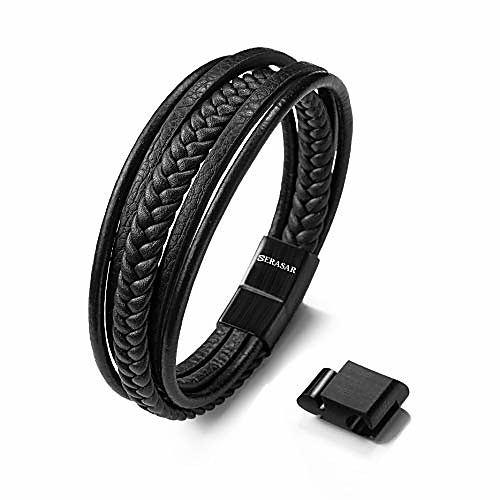 

9.00″ black leather bracelets for men - mens bracelets cowhide gift-box braided bracelet stainless steel jewelry wrist-band cuff wrap rope bangle dad man boy pulseras para hombres cuero regalo