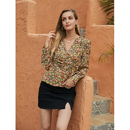 

Women's Blouse Shirt Floral Flower Long Sleeve Pleated Print V Neck Tops Basic Elegant Basic Top Rainbow
