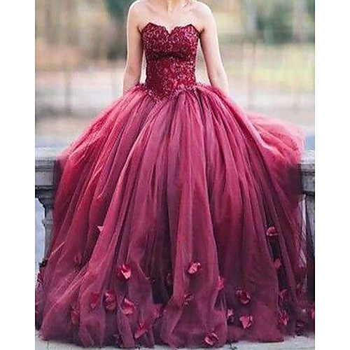 

Ball Gown Luxurious Floral Quinceanera Formal Evening Dress Strapless Sleeveless Sweep / Brush Train Tulle with Pleats 2021