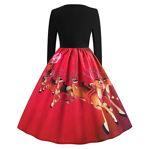 

Women's A Line Dress Knee Length Dress Blue Red Green Long Sleeve Color Block Animal Print Summer Round Neck Elegant Christmas 2021 S M L XL XXL