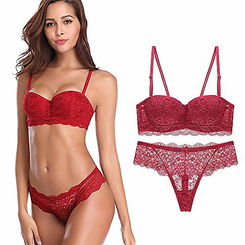 

women's lace bra set sexy lingerie bra and panties push up underwire bra (red-1, 38c)