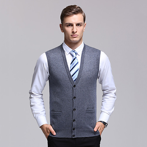 

Men's Stylish Knitted Solid Color Cardigan Sleeveless Sweater Cardigans V Neck Fall Winter Red Dark Gray Brown