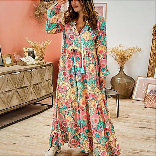 

Women's Swing Dress Maxi long Dress Rainbow Long Sleeve Print Patchwork Print Summer V Neck Hot Casual 2021 S M L XL XXL