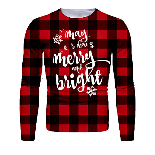 

Men's 3D Graphic Letter T-shirt Long Sleeve Christmas Tops Basic Round Neck Black / Red