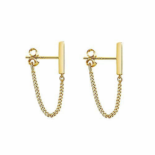 

925 sterling silver stud earrings minimalist bar earrings with chain dangle earrings for women (c-yellow)