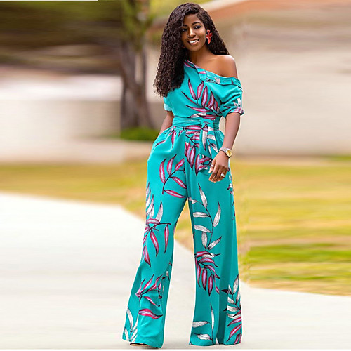 

Women's Ordinary Blue Jumpsuit Floral Lace up