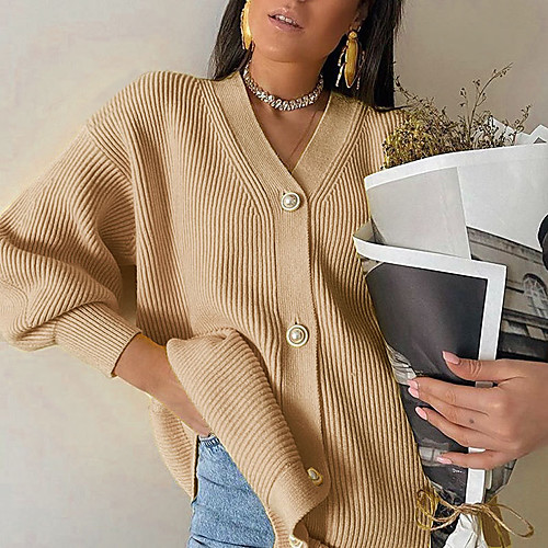 

Women's Basic Knitted Solid Color Plain Cardigan Acrylic Fibers Long Sleeve Loose Sweater Cardigans V Neck Fall White Yellow Blushing Pink