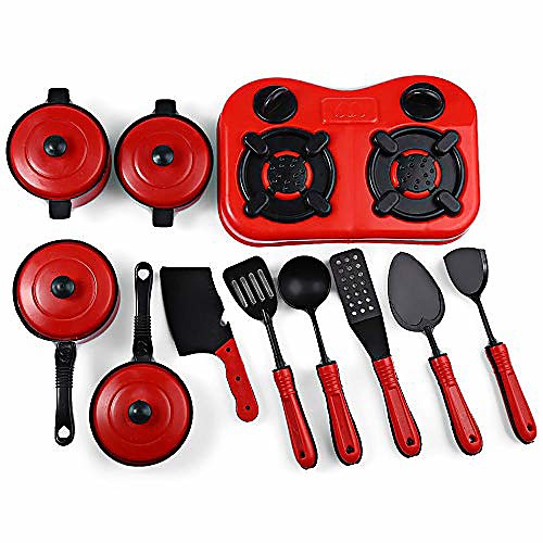 

11 pieces of kitchen pretend play toys kitchen gourmet cookware pots and pans premium playset red/white