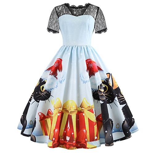 

Women's Halloween A Line Dress Knee Length Dress Black Yellow Light Blue Short Sleeve Print Ruched Lace Patchwork Summer Round Neck Casual Vintage 2021 S M L XL XXL