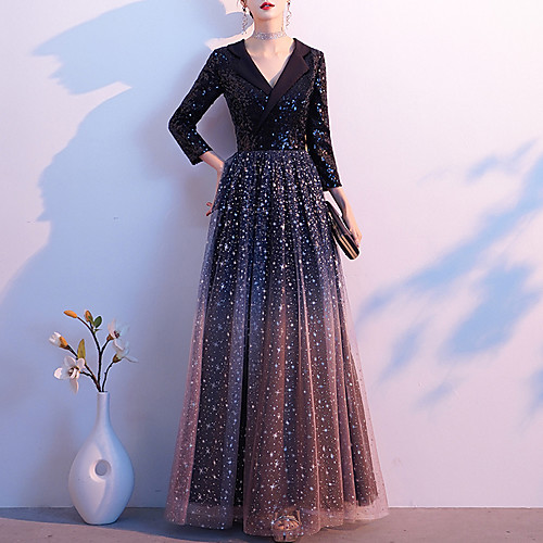 

A-Line Color Block Sparkle Wedding Guest Formal Evening Dress V Neck 3/4 Length Sleeve Floor Length Tulle Sequined with Sequin 2021