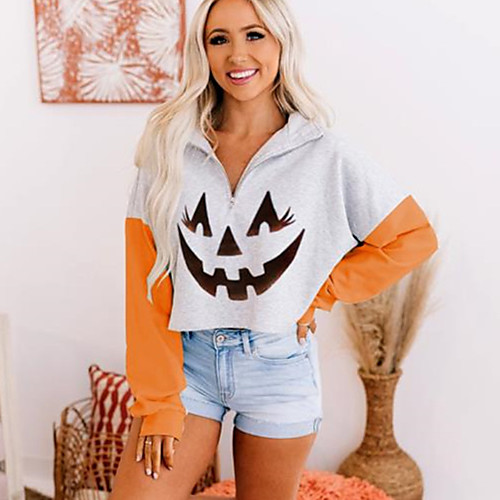 

Women's Pullover Sweatshirt Graphic Quarter Zip Halloween Other Prints Halloween Hoodies Sweatshirts Orange