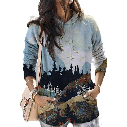 

Women's Pullover Sweatshirt Graphic Front Pocket Daily Other Prints Casual Hoodies Sweatshirts Blue Light Blue