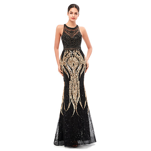 

Mermaid / Trumpet Celebrity Style Beautiful Back Engagement Formal Evening Dress Jewel Neck Sleeveless Floor Length Tulle Sequined with Beading Sequin 2021