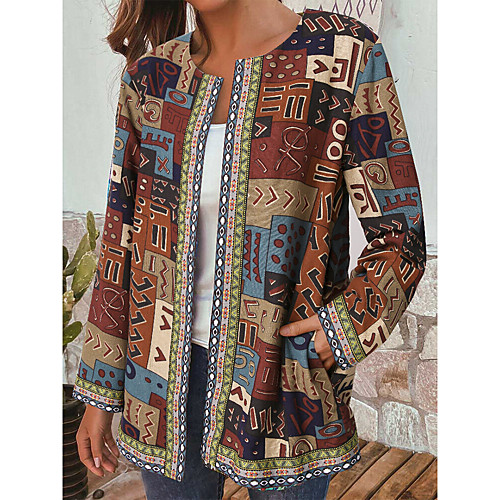 

Women's Color Block Print Vintage Spring & Fall Coat Regular Daily Long Sleeve Cotton Blend Coat Tops Yellow