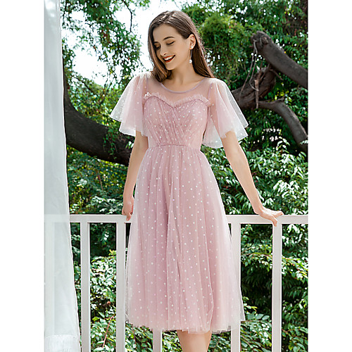 

Women's A Line Dress Maxi long Dress Blushing Pink Short Sleeve Polka Dot Ruffle Spring Summer Round Neck Hot Elegant Casual 2021 S M L XL XXL