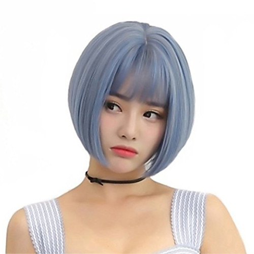 

Synthetic Wig Straight kinky Straight With Bangs Wig Short Light Blue Synthetic Hair 14 inch Women's Fashionable Design Soft Easy to Carry Blue