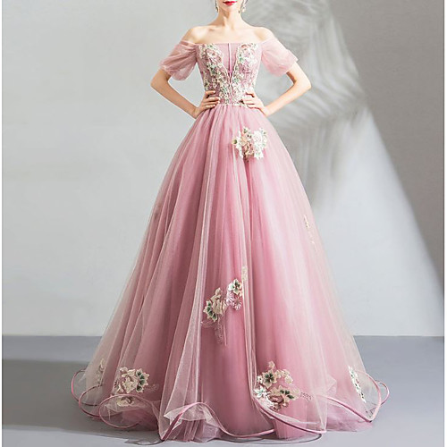 

Ball Gown Elegant Floral Engagement Formal Evening Dress Off Shoulder Short Sleeve Floor Length Organza Tulle with Pleats Embroidery 2021