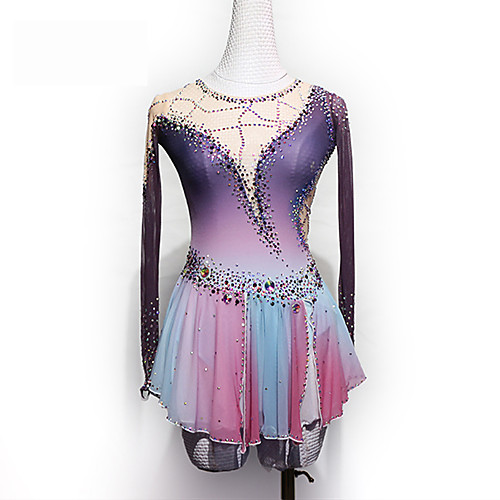 

Figure Skating Dress Women's Girls' Ice Skating Dress Purple Glitter Patchwork Spandex High Elasticity Competition Skating Wear Handmade Crystal / Rhinestone Long Sleeve Ice Skating Winter Sports