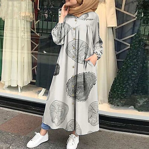 

Women's Swing Dress Maxi long Dress White Black Red Yellow Khaki Brown Gray Long Sleeve Print Print Fall Round Neck Casual Vintage Cotton 2021 S M L XL XXL 3XL 4XL 5XL