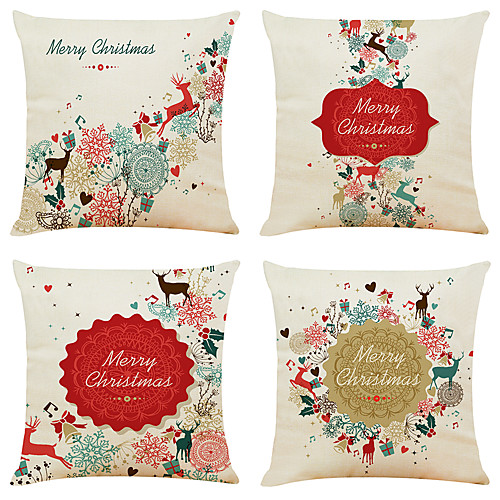 

1 Set of 4 pcs Christmas Series Decorative Linen Throw Pillow Cover 18 x 18 inches 45 x 45 cm