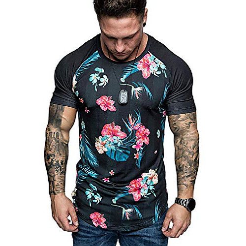 

men's hipster hip hop hibiscus floral print longline crewneck t-shirt compression muscle tee tops au0005-black-xl